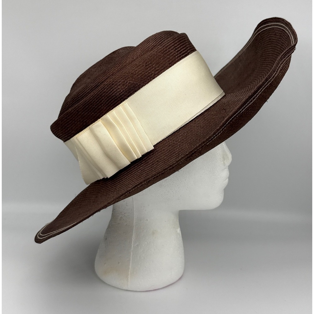 I. Magnin Irene of New York Vintage Brown Wide Brim Straw Hat Cream Ribbon Bow